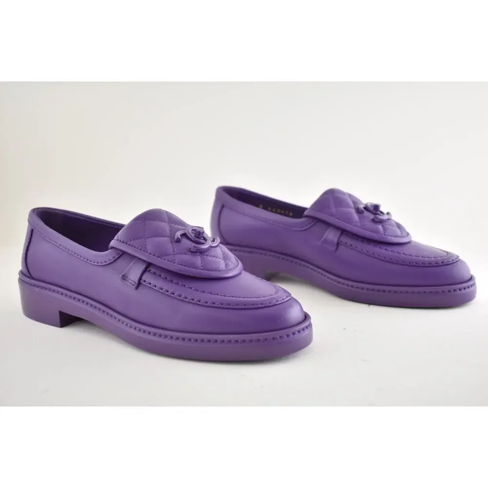 Chanel 24C Purple Leather Quilted Flap Turnlock CC Logo Moccasin Flat Loafer 36